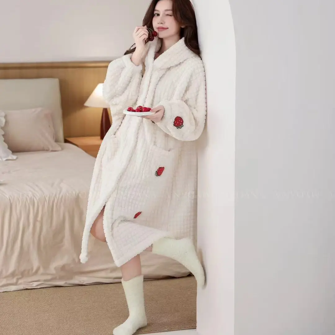 女士冬季加绒加厚连帽宽松中长款可外穿睡袍睡衣家居服