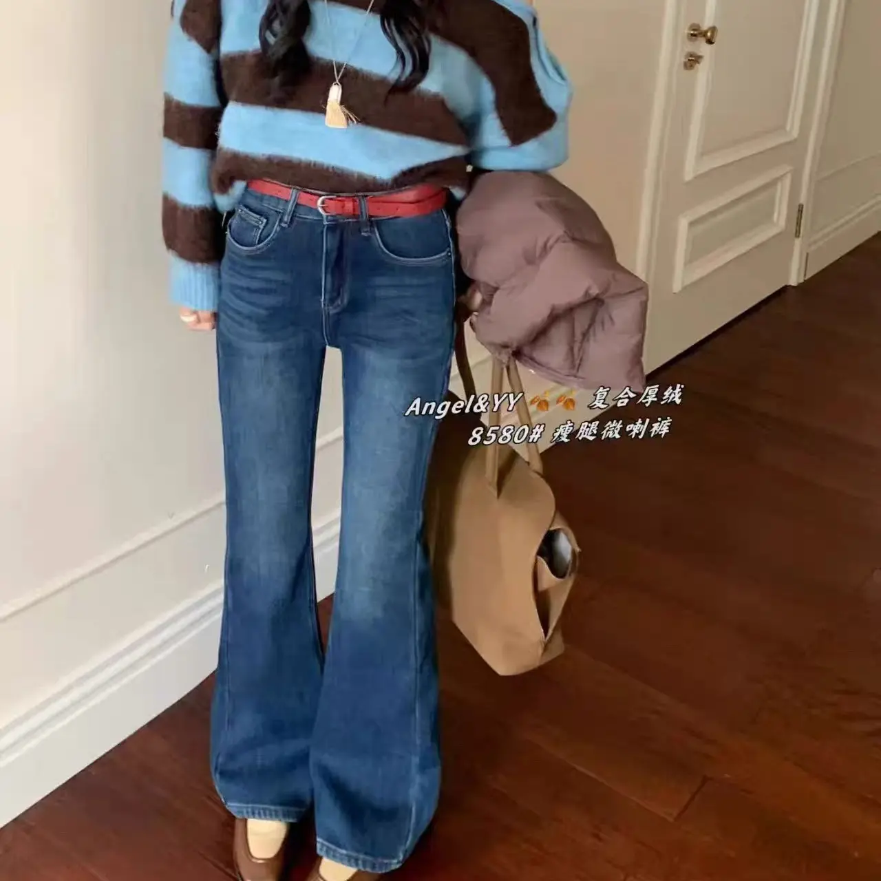 小妖精大码女装加绒高腰显瘦微喇牛仔裤MM时尚百搭马蹄裤胖mm