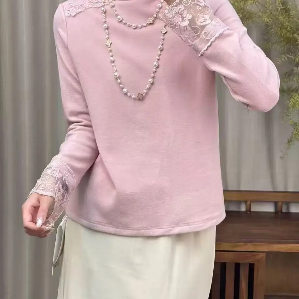 冬季女士蕾丝拼接奥绒半高领打底上衣