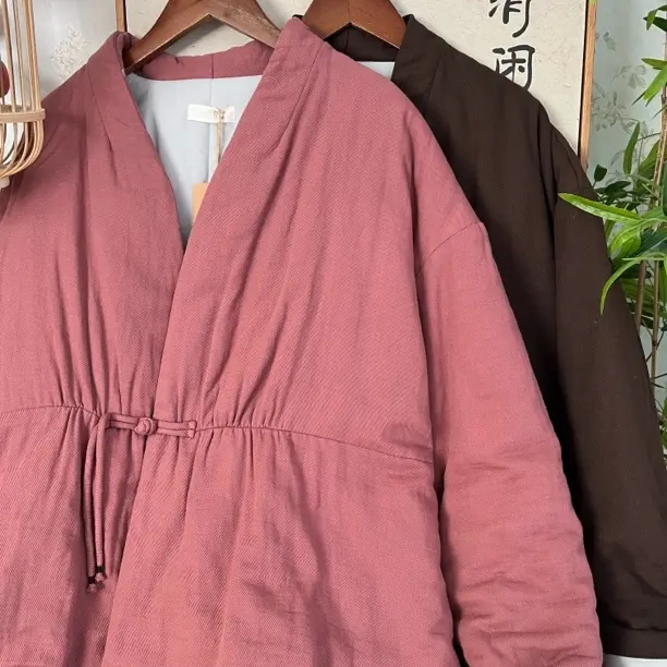 新中式国风斜纹棉V领系带夹棉加厚冬季保暖棉服外套