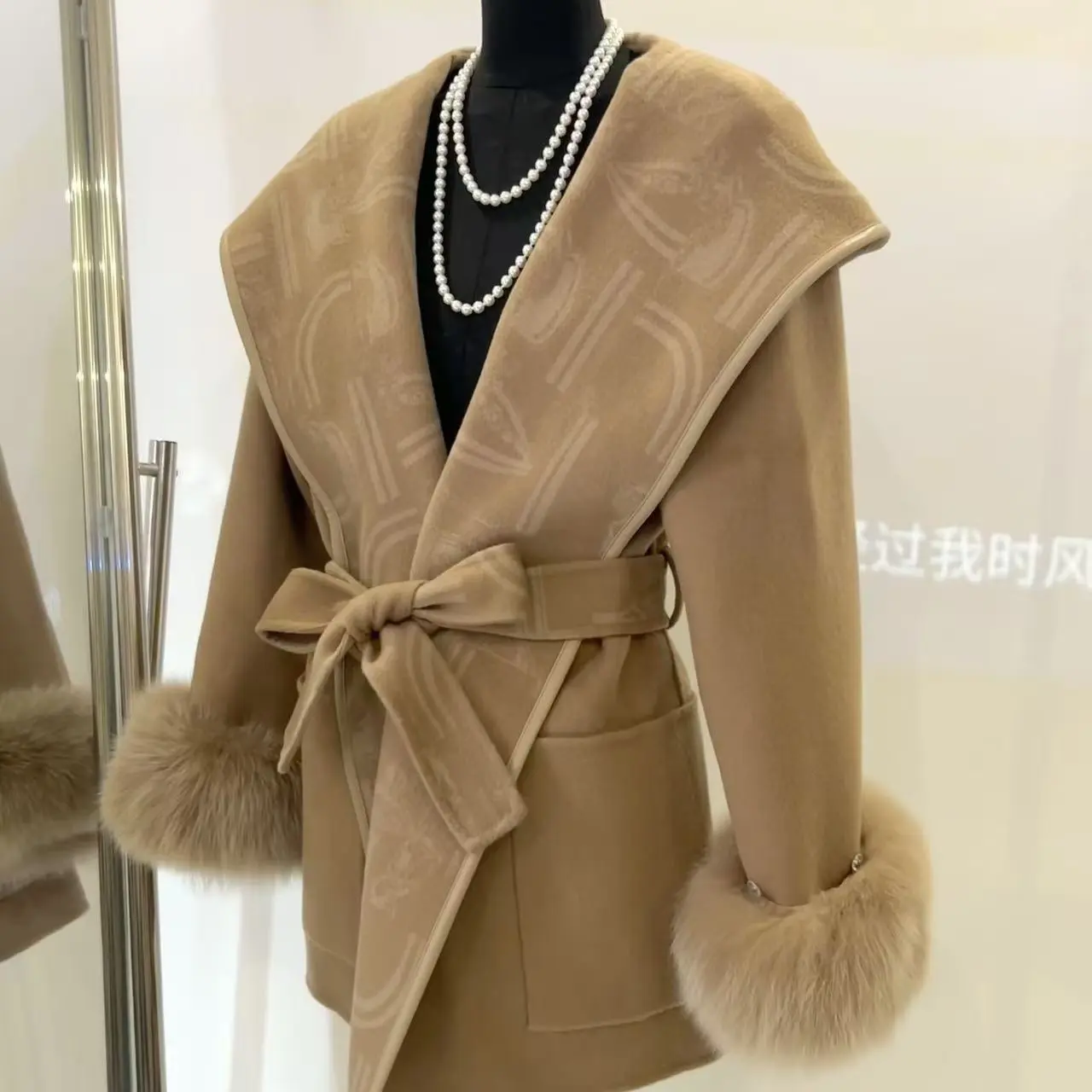 秋冬新款法式印花连帽双面大衣女袖口中长款毛呢外套