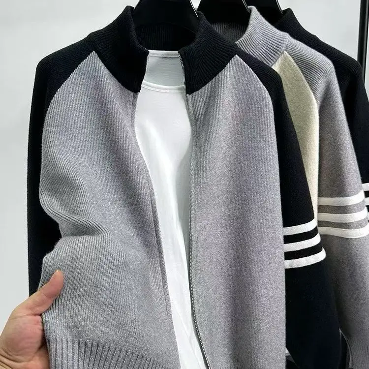 立领帅气春秋短款撞色潮流针织衫常规款针织秋冬毛衣