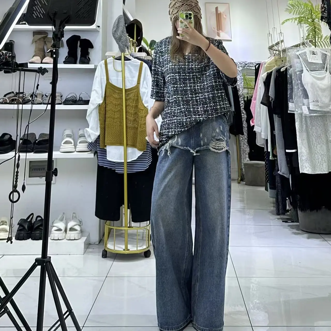   欧版加长鸡心领千鸟格大版体恤