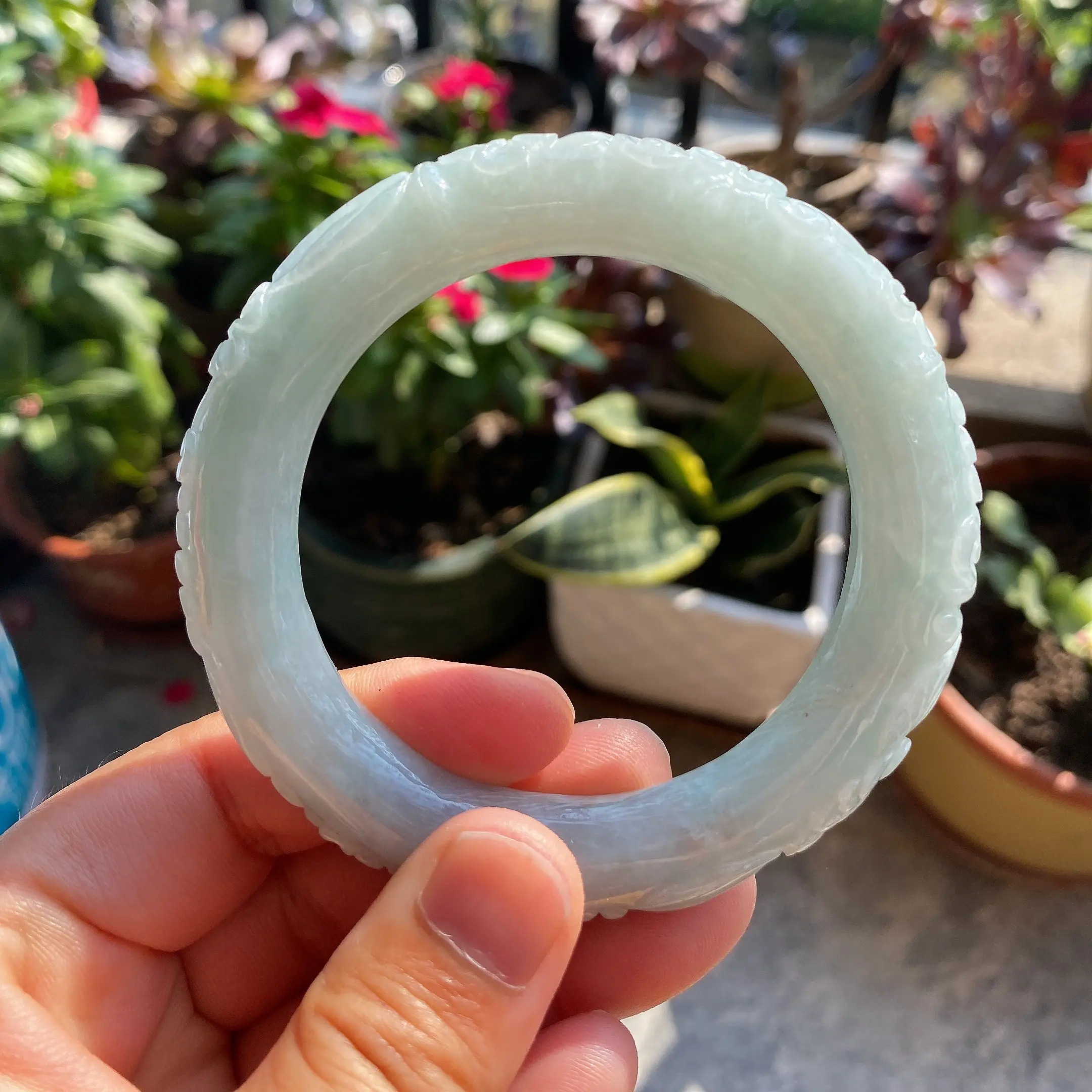 57.3圈圆条翡翠手镯 梅花太阳花翡翠雕刻手镯  缅甸天然A货翡翠