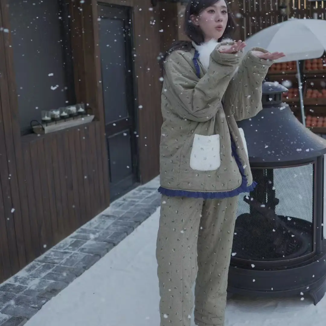 加厚保暖三层夹棉可外穿女士冬季睡衣家居服套装