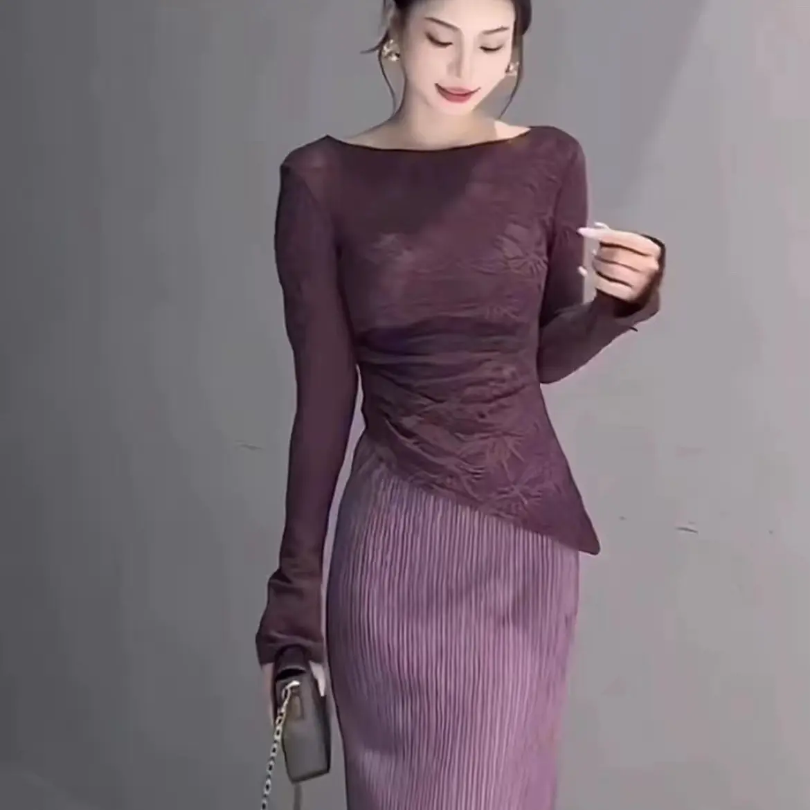 优雅气质蕾丝长袖上衣松紧腰后开叉显瘦半身裙两件套套装女