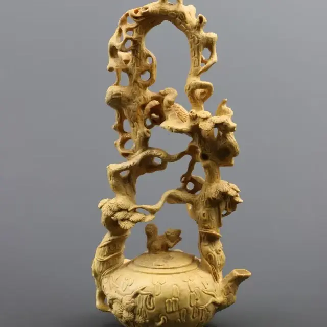 黄杨木雕松鼠提梁壶木制雕刻工艺品摆件家居书房办公室把把壶摆件