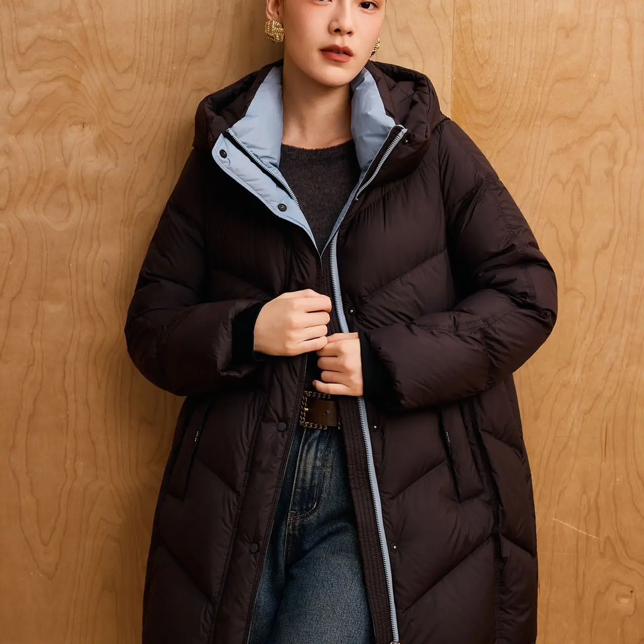 【韩美芮8190】90白鸭绒长袖连帽冬季保暖女士中长款