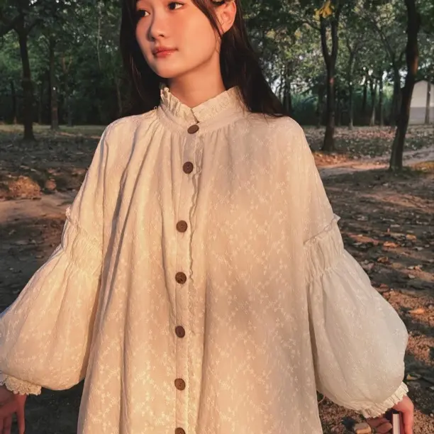 文艺复古加绒刺绣长款衬衫宽松百搭花边长裙小众设计