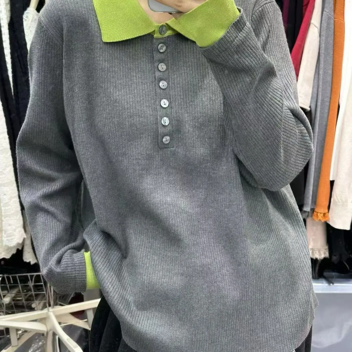 新款轻熟职场风POLO领撞色针织衫假两件百搭长袖内搭打底上衣