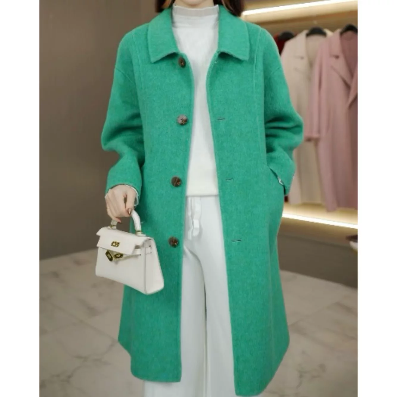 高奢桑蚕丝+兔毛+绵羊毛韩系气质设计师双面大衣