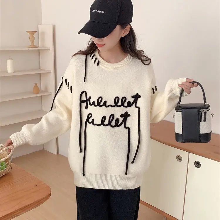 大版韩版慵懒风不规则线条圆领套头毛衣女秋冬宽松针织上衣