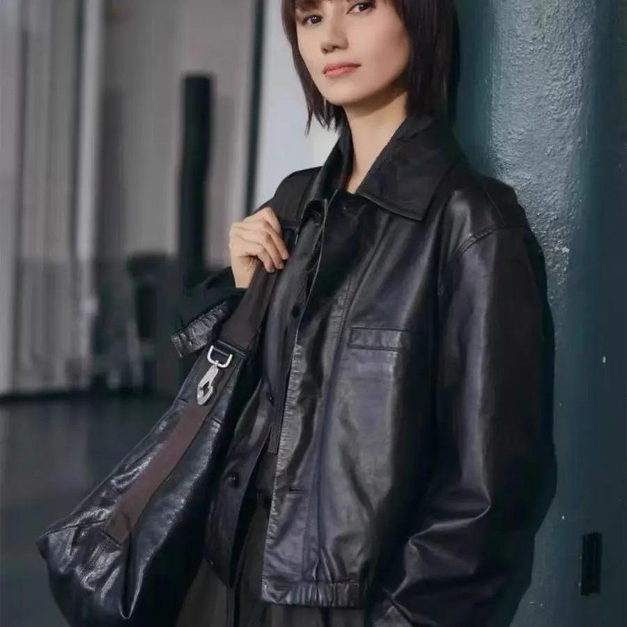 HN加棉秋冬季新款油蜡头层牛皮宽松显瘦女真皮皮衣慵懒风袁泉同款