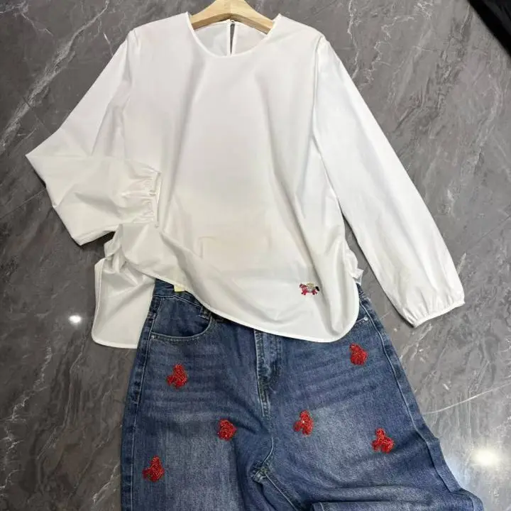 【宣羽中式】复古水洗蓝搭红色小马钉珠高腰阔腿裤