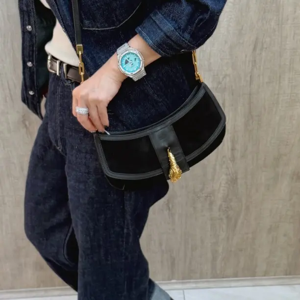 95新 GUCCI/古驰 發發中古·gucci中古麂皮拼皮虎头挂饰链条斜挎包