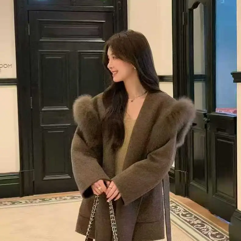 秋冬新款可拆卸狐狸毛领双面羊毛呢子大衣女长款