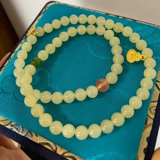 【橦芯珠宝】和田玉黄口双圈圆珠手串设计款