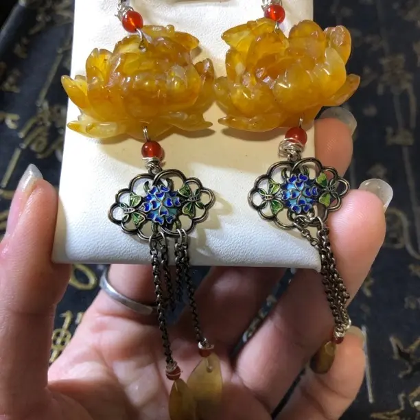 岫玉牡丹花蝴蝶925银复古耳环