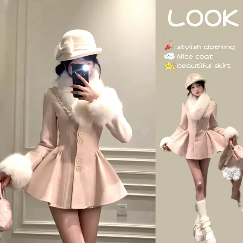 法式千金风毛领连衣裙外套女2024秋冬新款高级感收腰蓬蓬a字短裙