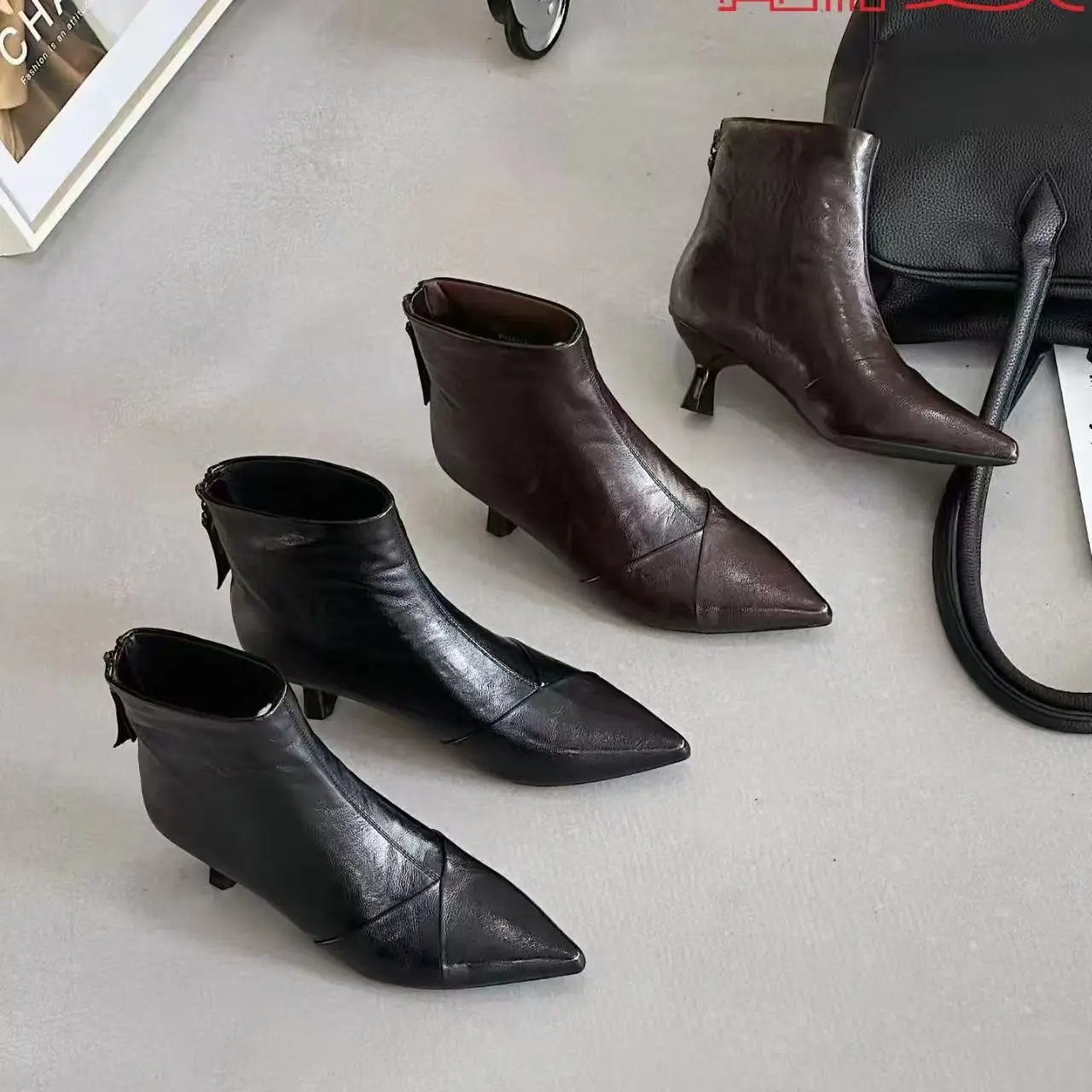 亮点女人秋冬新款时尚气质细跟尖头后拉链女士短靴