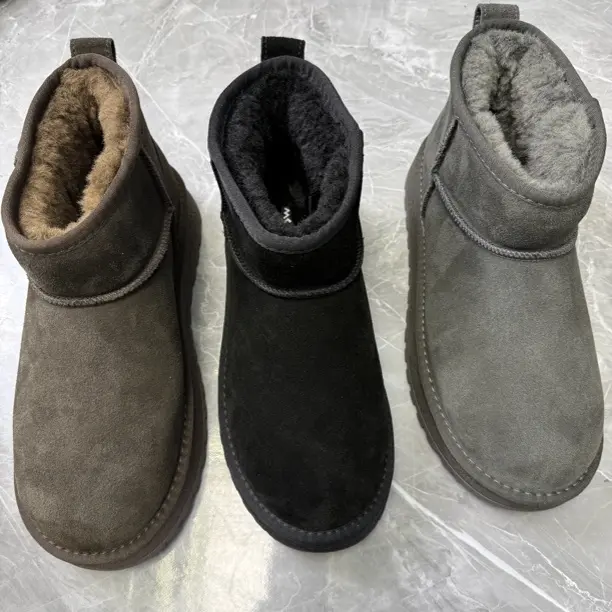 冬季新款男士加绒加厚防滑户外保暖短筒真皮雪地靴