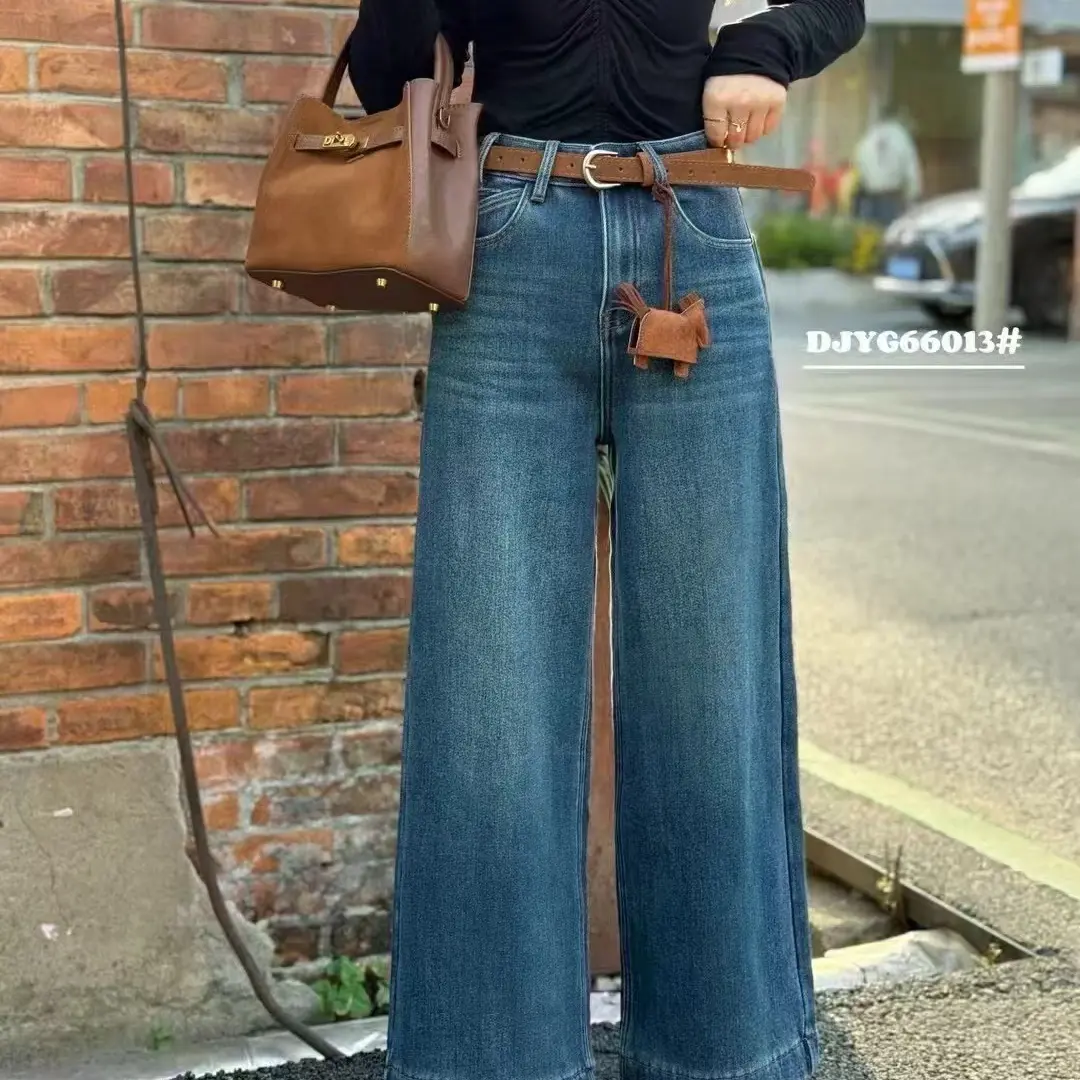 66013加绒加厚冬季直筒牛仔裤女显瘦保暖小个子简约百搭阔腿长裤
