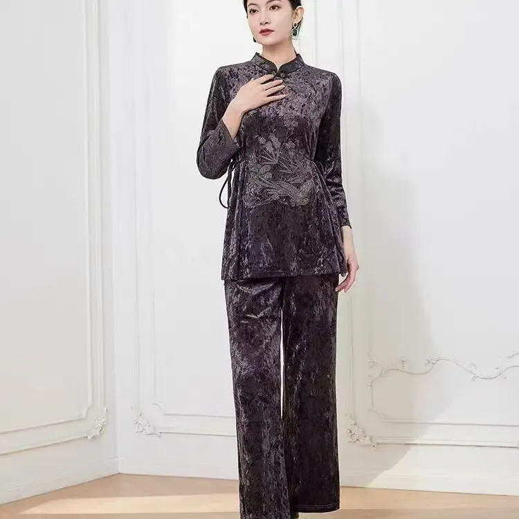 秋冬新款新中式金丝绒长袖旗袍套装