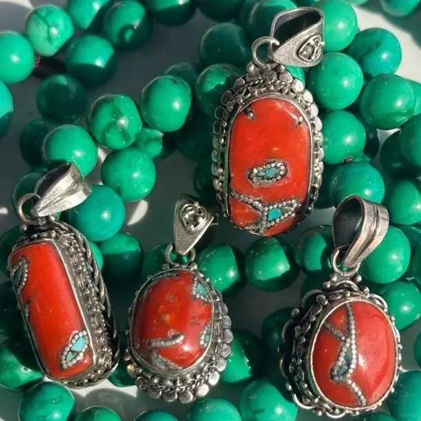 吊坠925银 红海鲜镶嵌银补丁复古民族风吊坠饰品配饰