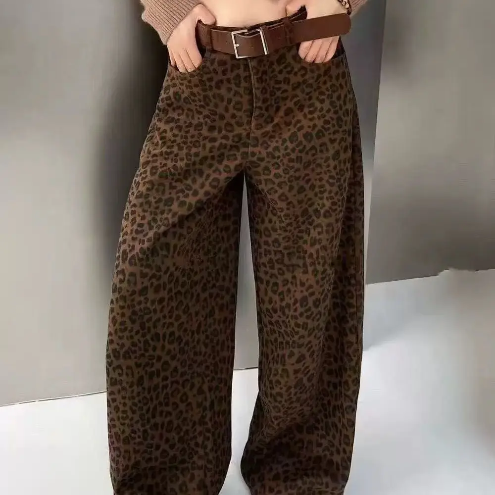 秋冬新款高级感加绒豹纹高腰宽松显瘦垂感阔腿拖地裤女