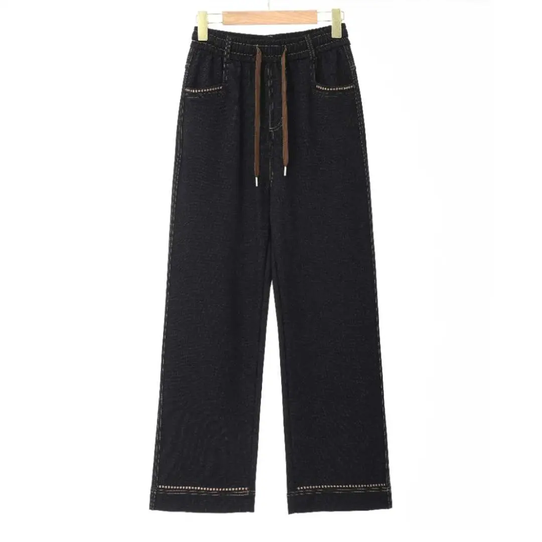 秋冬新款松紧软牛仔直筒裤显瘦垂感百搭阔腿裤女