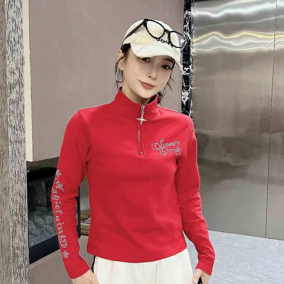 MM7263烫钻磨毛拉链半高领长袖印花T恤