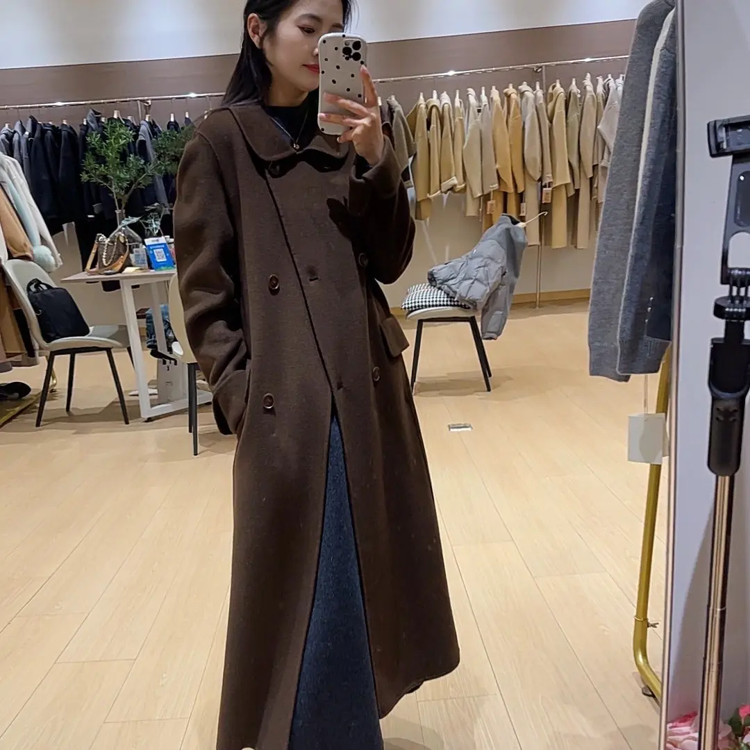 特价双面羊毛大衣秋冬双口袋翻领中长款保暖气质百搭