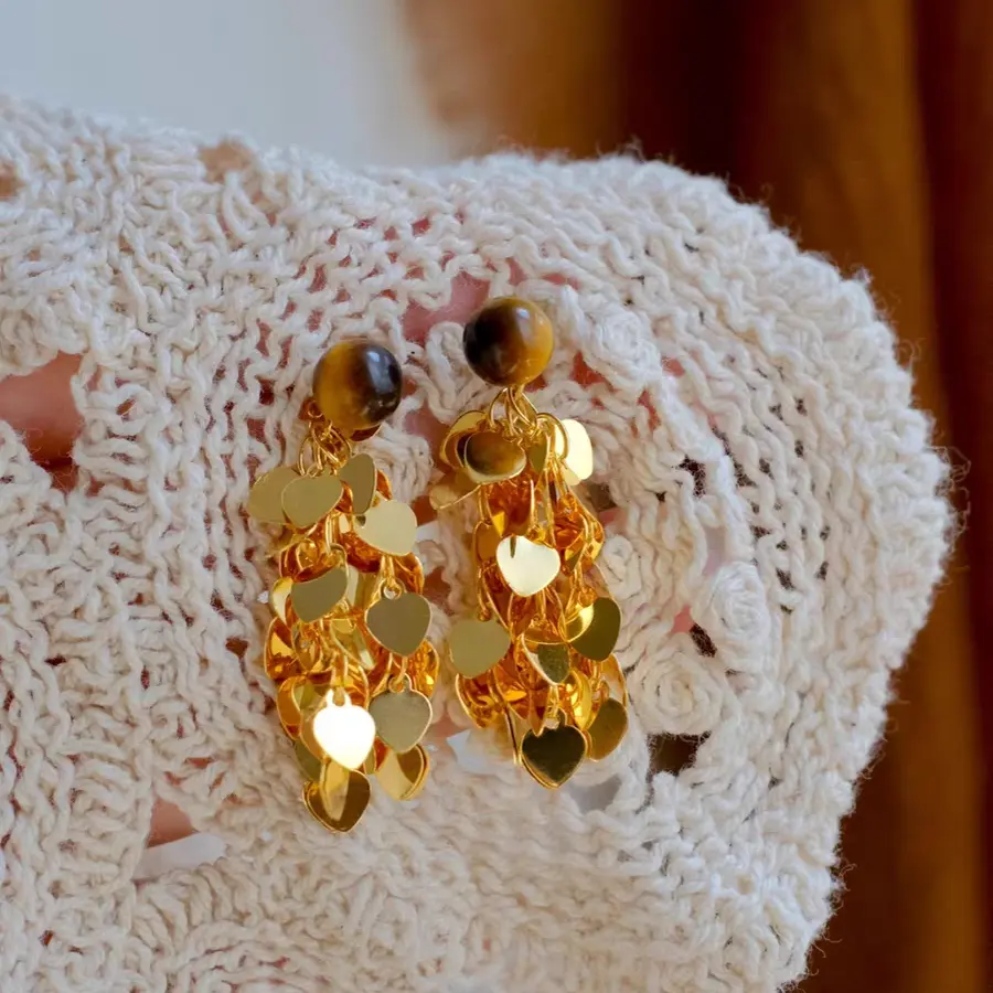 纯铜耳饰 秋冬复古精致无耳洞耳夹金色虎眼石流苏长款耳饰耳环女