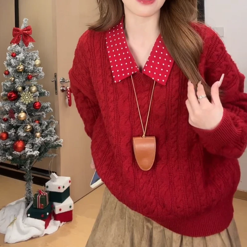 红色波点假两件Polo领套头宽松显瘦针织衫毛衣秋冬搭配外套