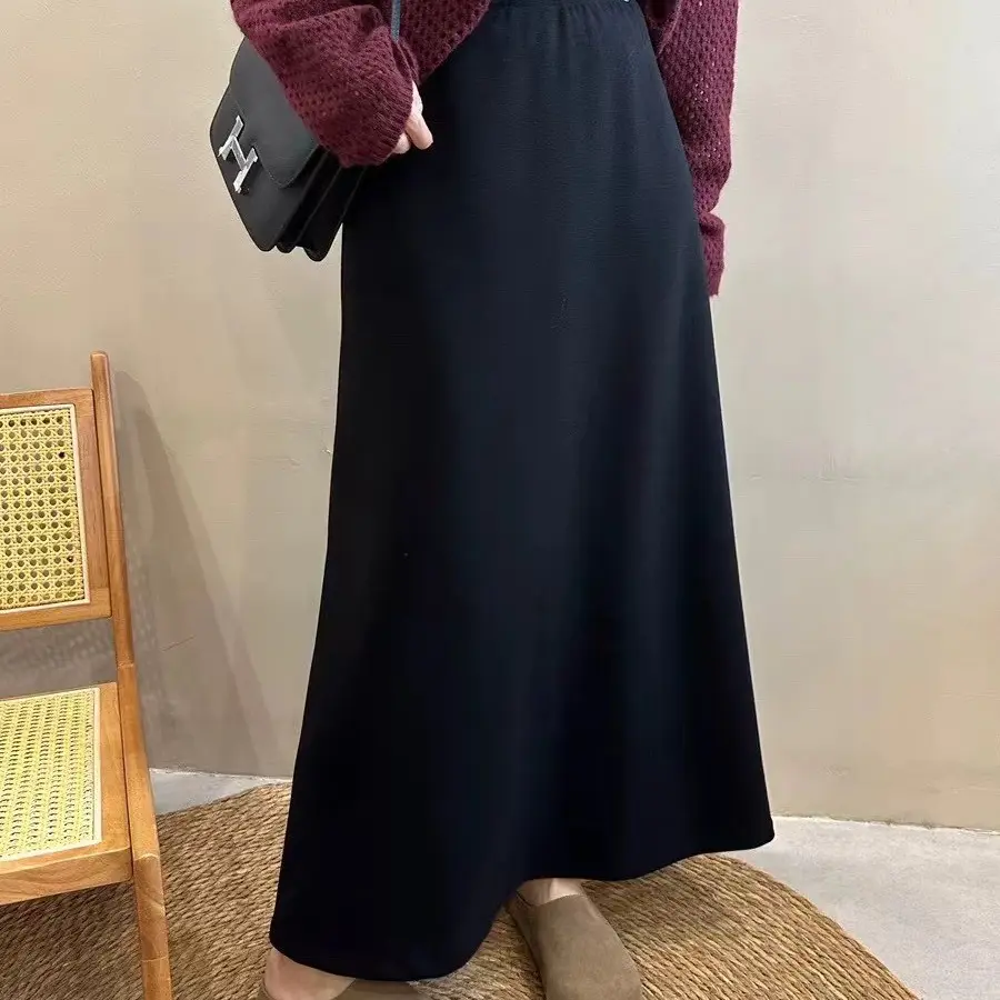 8600秋冬新款高腰显瘦醋酸A字中长款百搭气质半身裙配腰带