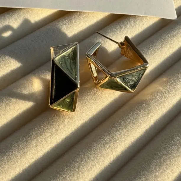 铜合金珐琅耳饰 铜合金几何耳环 复古港风高级小众