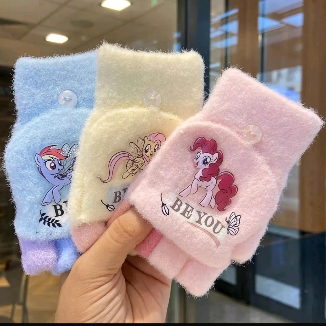 女童翻盖半指手套秋冬季可爱保暖学生写字防冻五指套手套小马宝莉