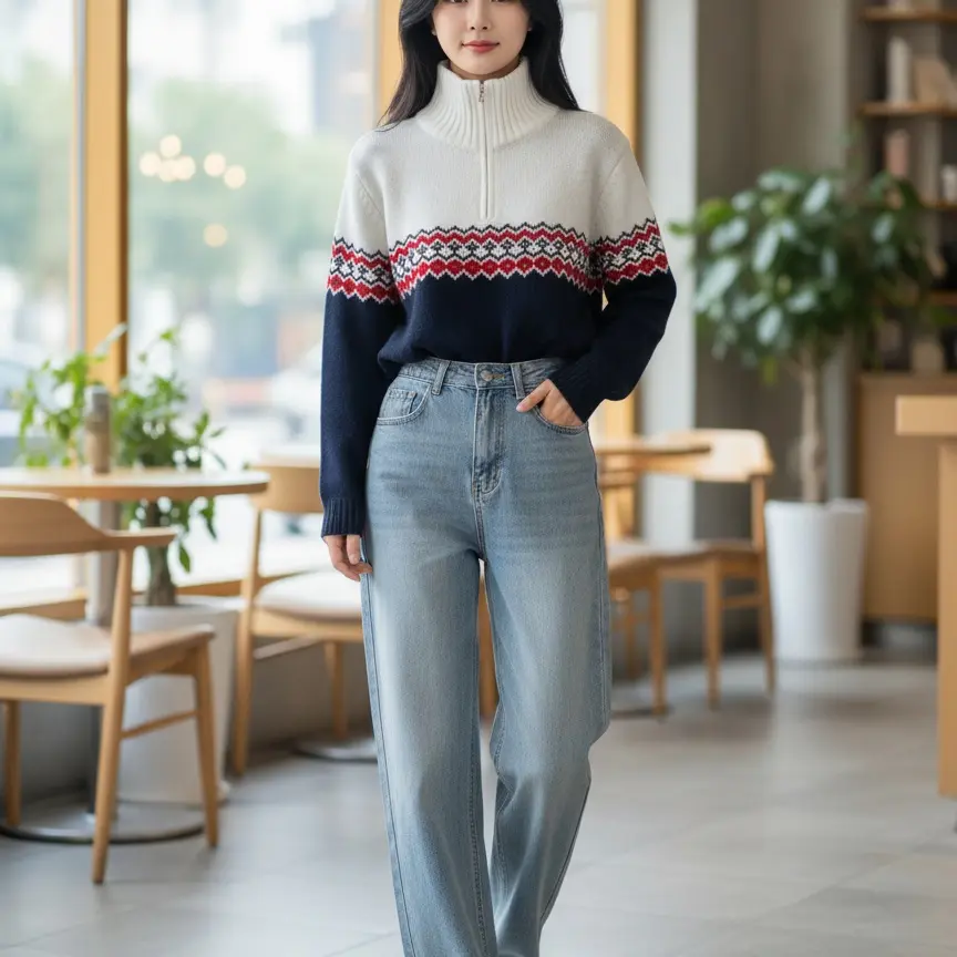 韩系撞色费尔岛风半拉链宽松慵懒风针织毛衣女秋冬百搭