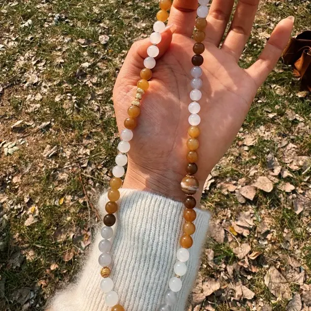 【橦芯珠宝】新疆和田玉糖加白妈妈链56颗卡8