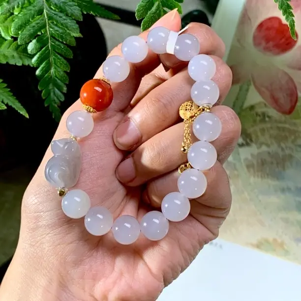 【纳福】纯天然和田玉冰烟紫D IY南红手串10mm（银饰）