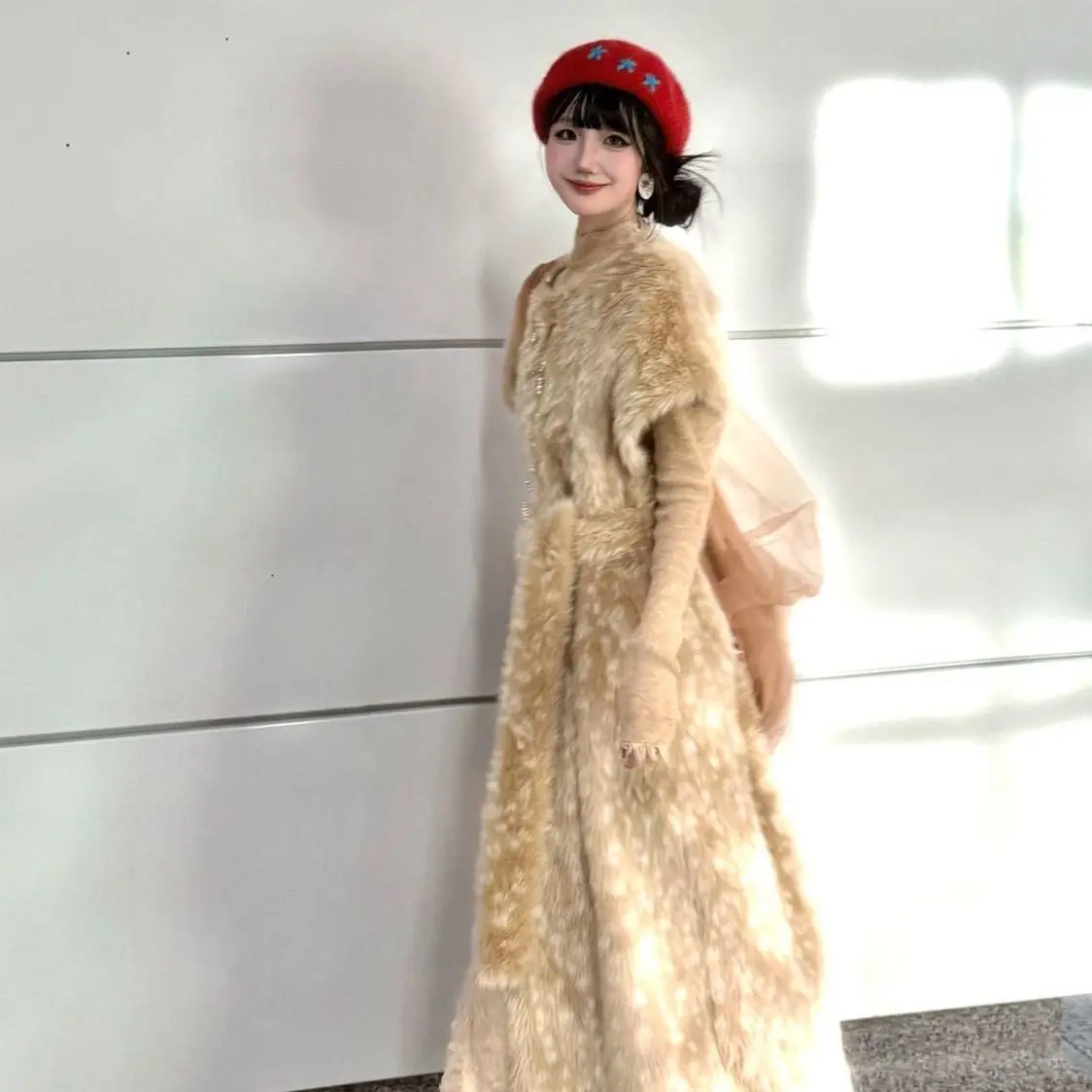 小鹿花纹提花长款斜肩袖马甲外套加腰带女冬季法式时尚外搭叠穿