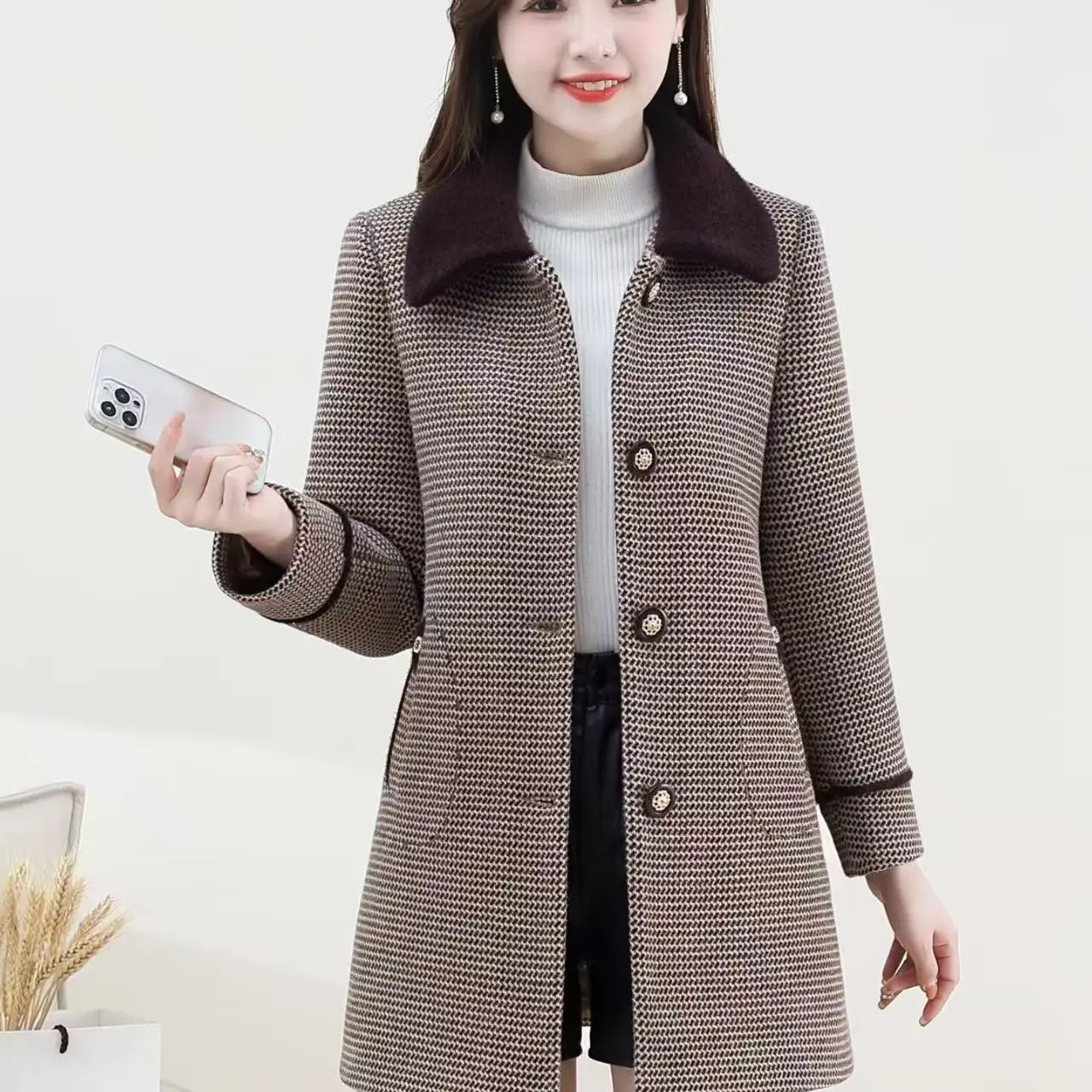 中年妈妈秋冬加绒加厚中长款水貂绒洋气减龄百搭外套