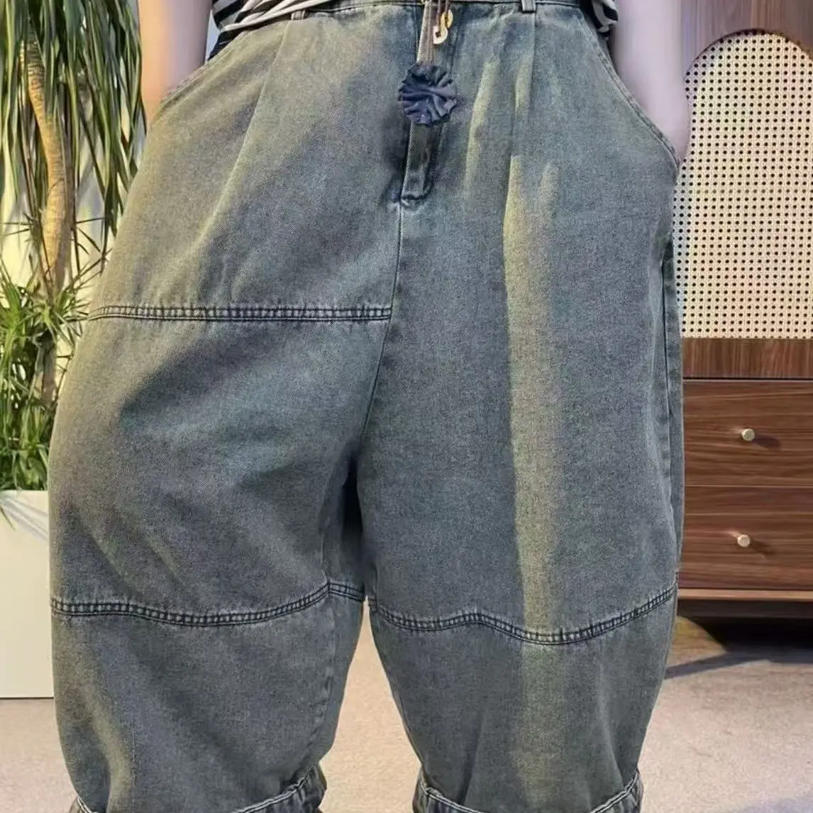 复古百搭炒色做旧高定牛仔靴裤女款