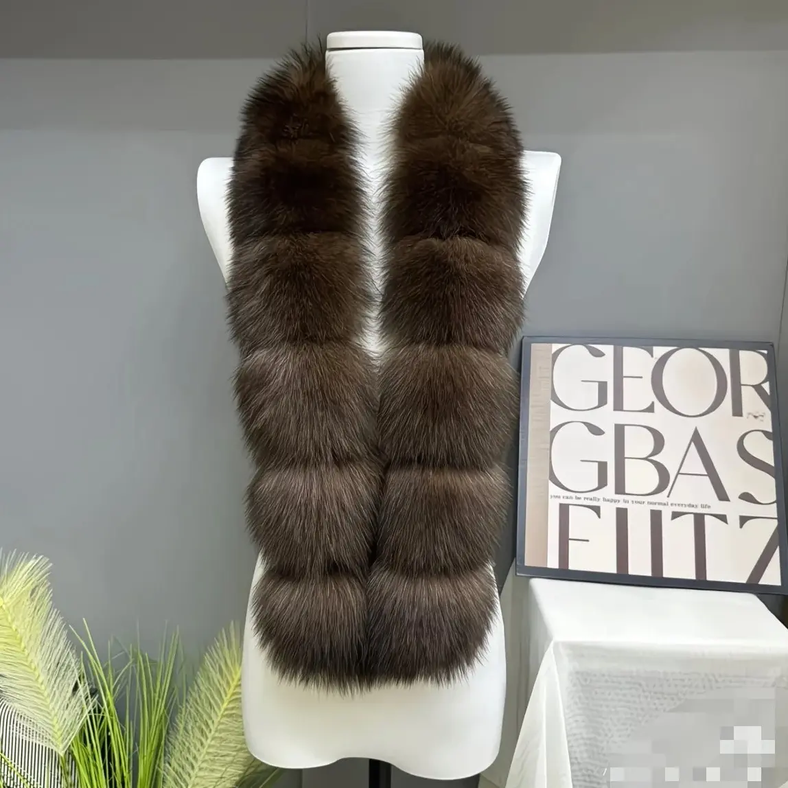 女士冬季保暖百搭时尚真狐狸毛竹节款围巾