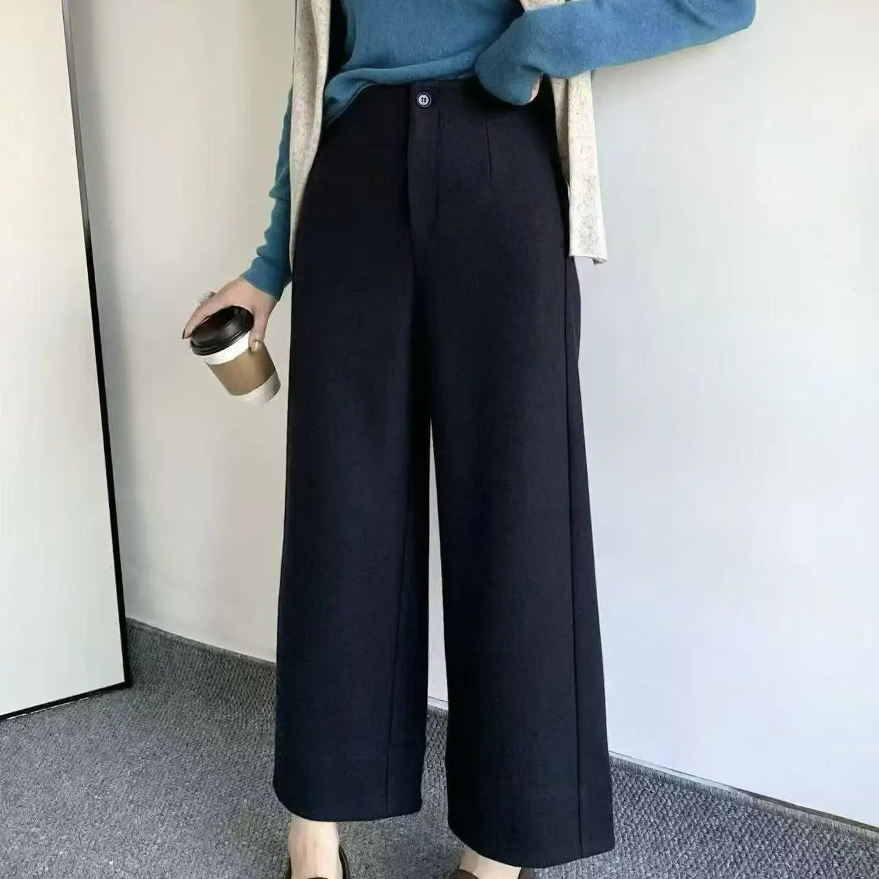 秋冬新款高腰毛呢阔腿女裤宽松显瘦直筒休闲八分裤