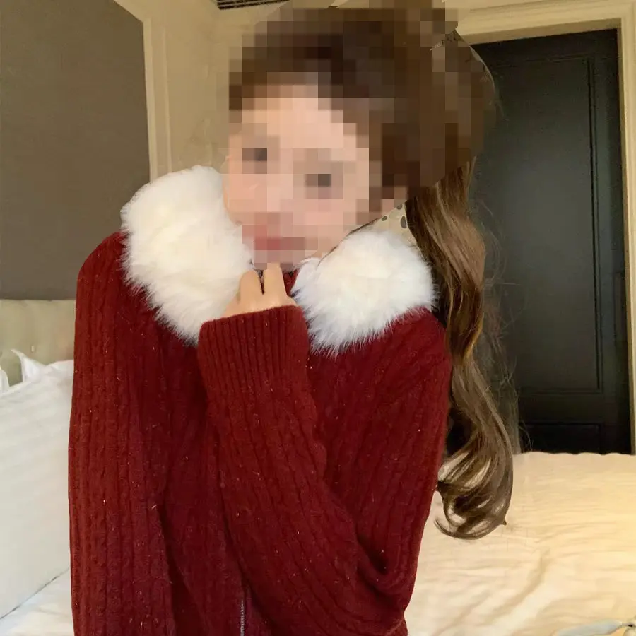 冬季纯欲温柔慵懒风可拆卸毛毛领麻花针织开衫显瘦百搭女上衣