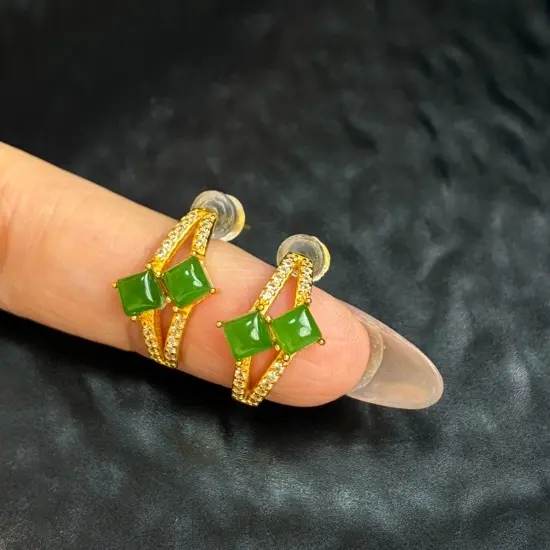 和田玉老坑俄料碧玉环形时尚洋气百搭耳环，女士精美耳环