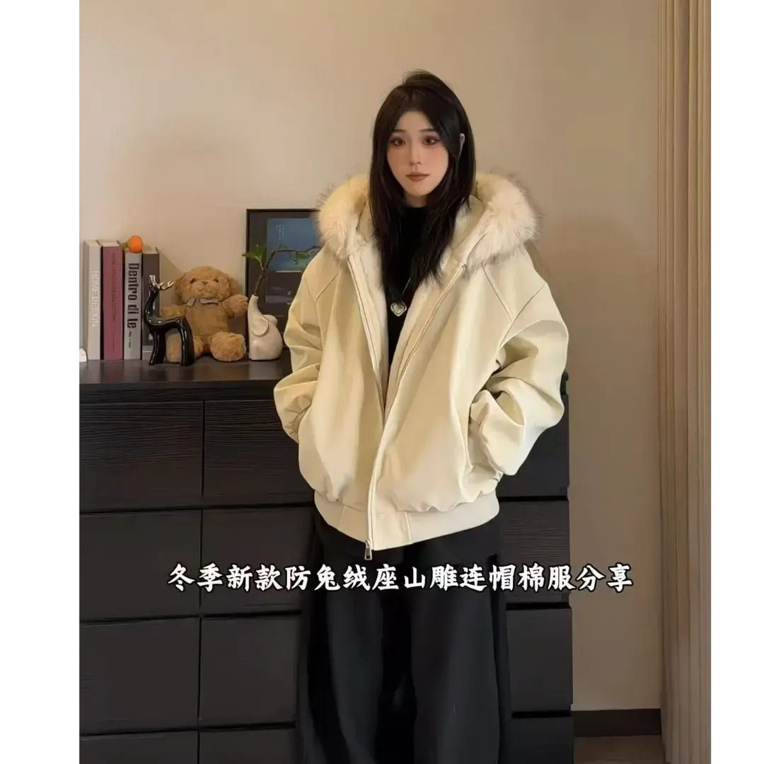 冬装新款PU皮座山雕棉服男女同款加厚加绒大理石防兔毛情侣装棉衣