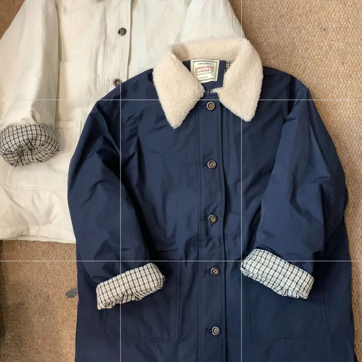 翻领撞色拼接中长款夹棉厚款外套宽松慵懒风保暖女棉服冬季新款