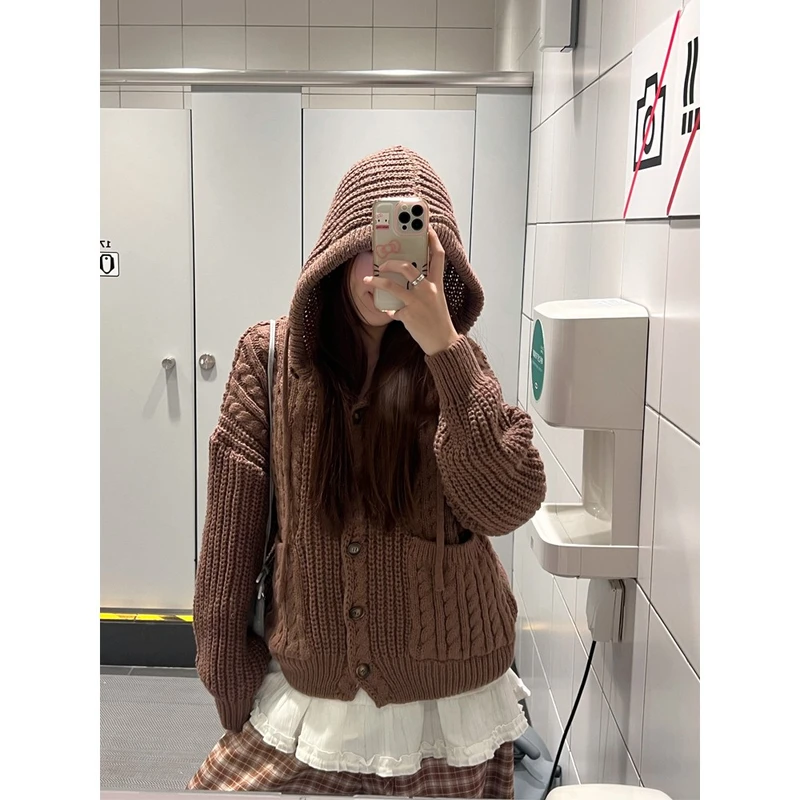 华夫格美式复古麻花连帽毛衣开衫女2025秋冬慵懒风针织上衣外套